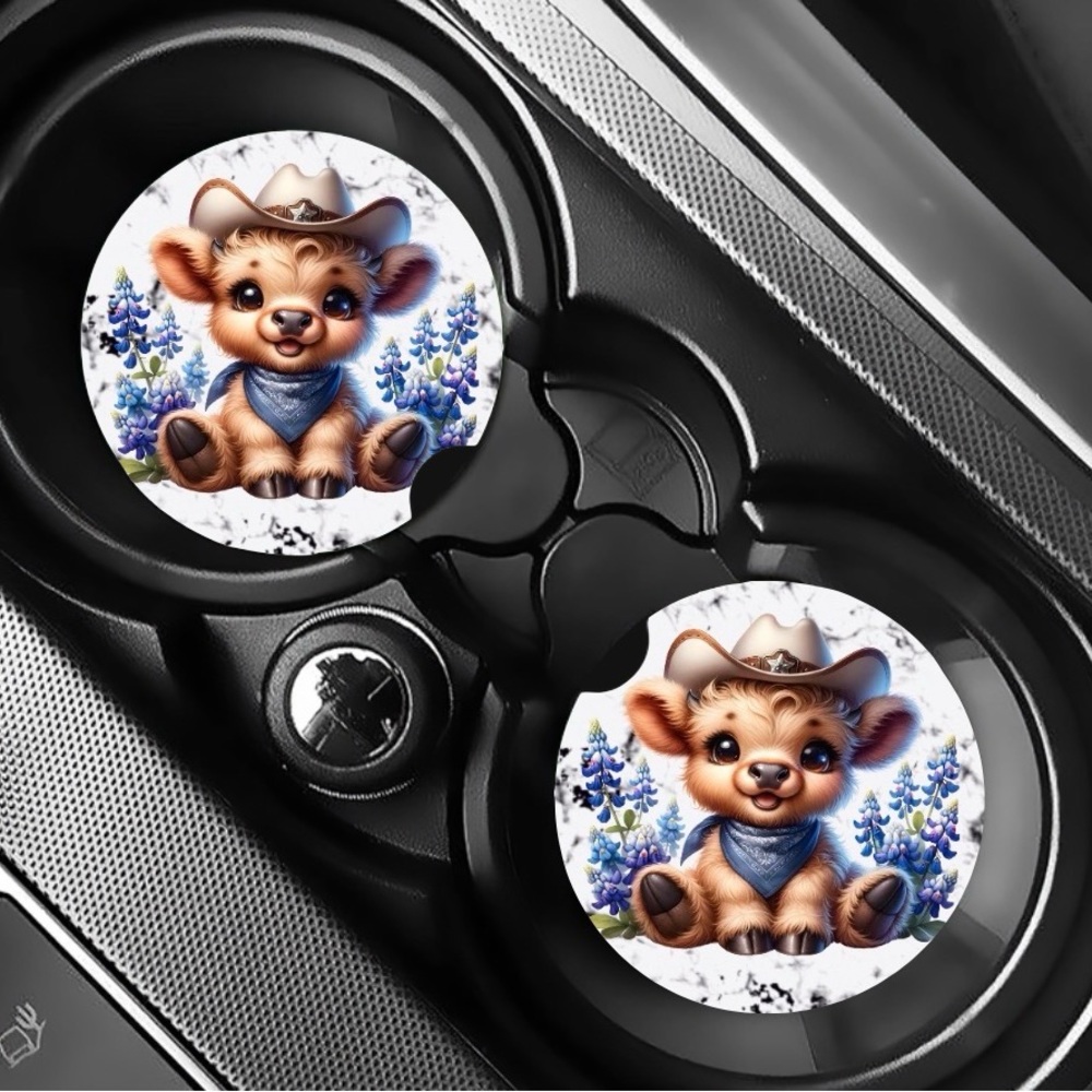 Adorable Cowboy Cow Car Coasters - Blue and Brown